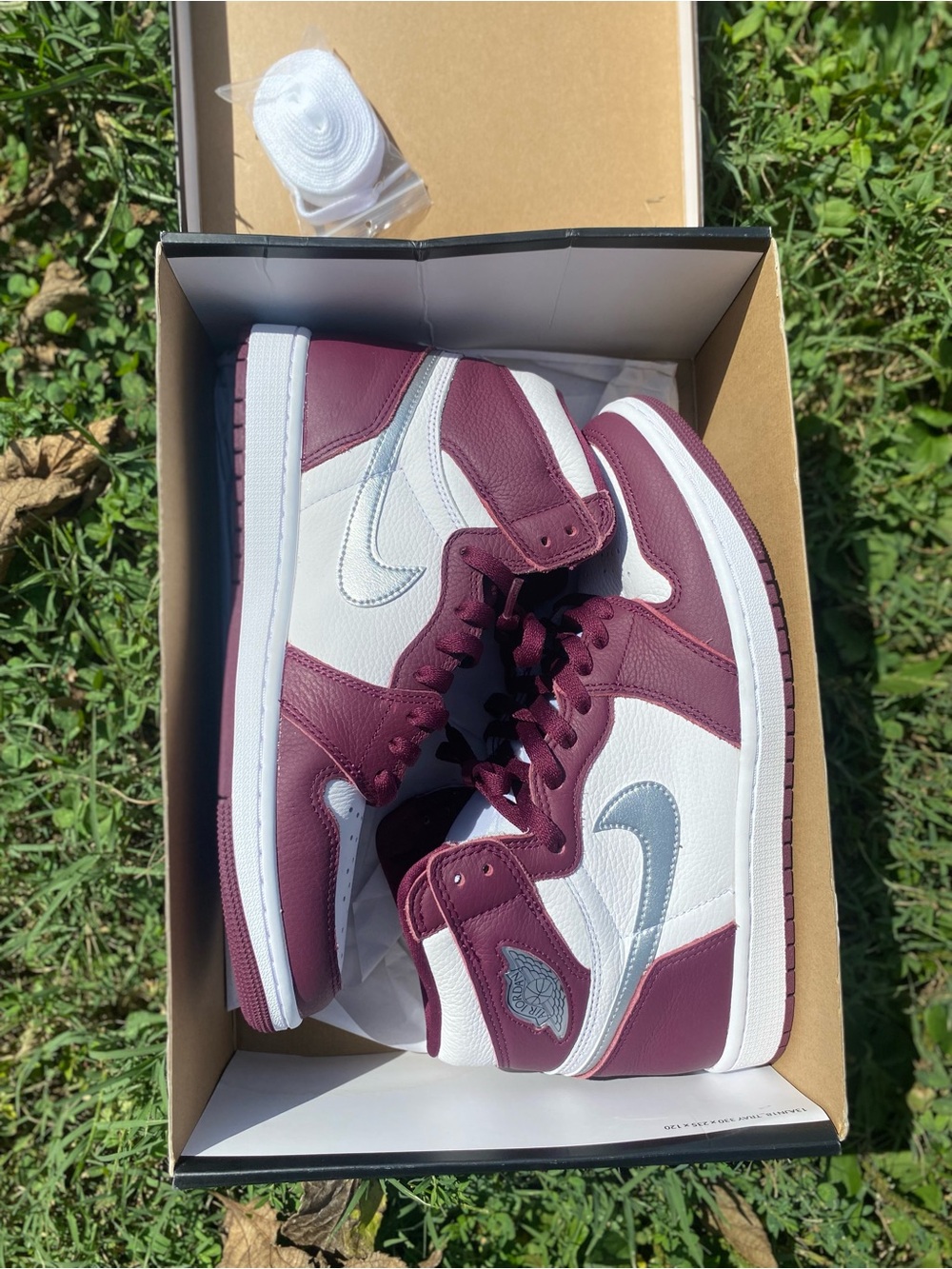 Jordan High-Top Sneakers in White, Burgundy & Silver